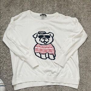 Women's White Bear Graphic Sweater with Pink Accent